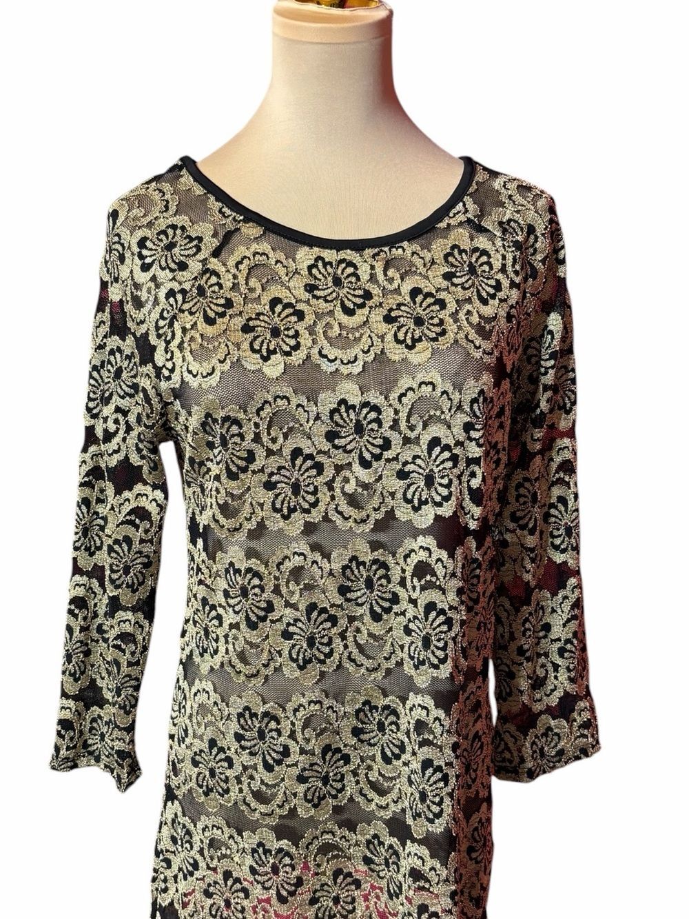 Deb Black Cream Floral Lace Overlay Blouse 2X 3/4 Sleeve Dressy Top